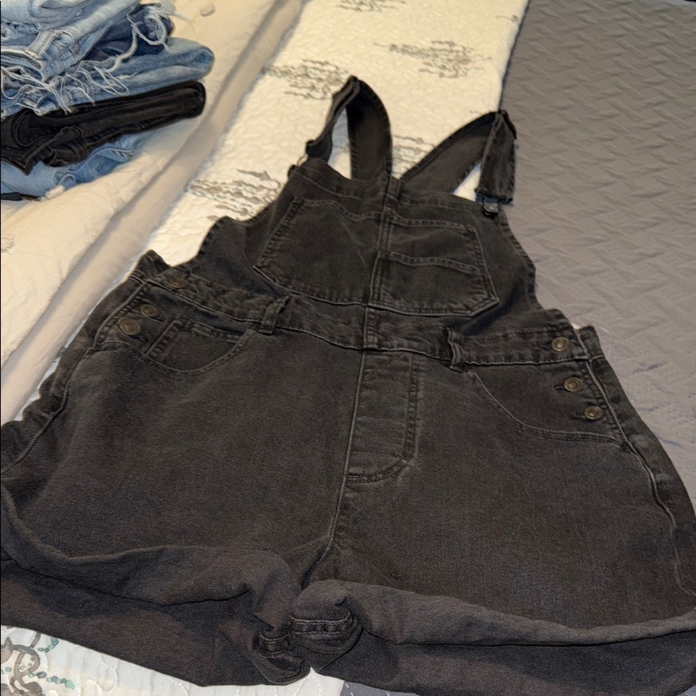 Free People Black Denim Overalls High-Waisted - Picture 5 of 7